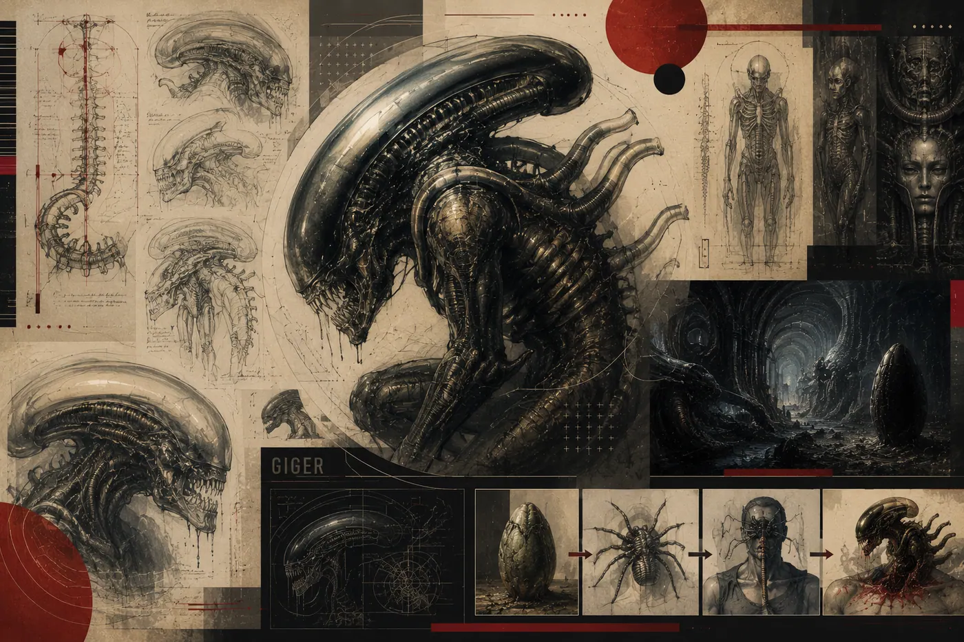 Composicion de estudios anatomicos del xenomorfo de Alien con bocetos biomecanicos, huevo, abrazacaras y ciclo corporal.