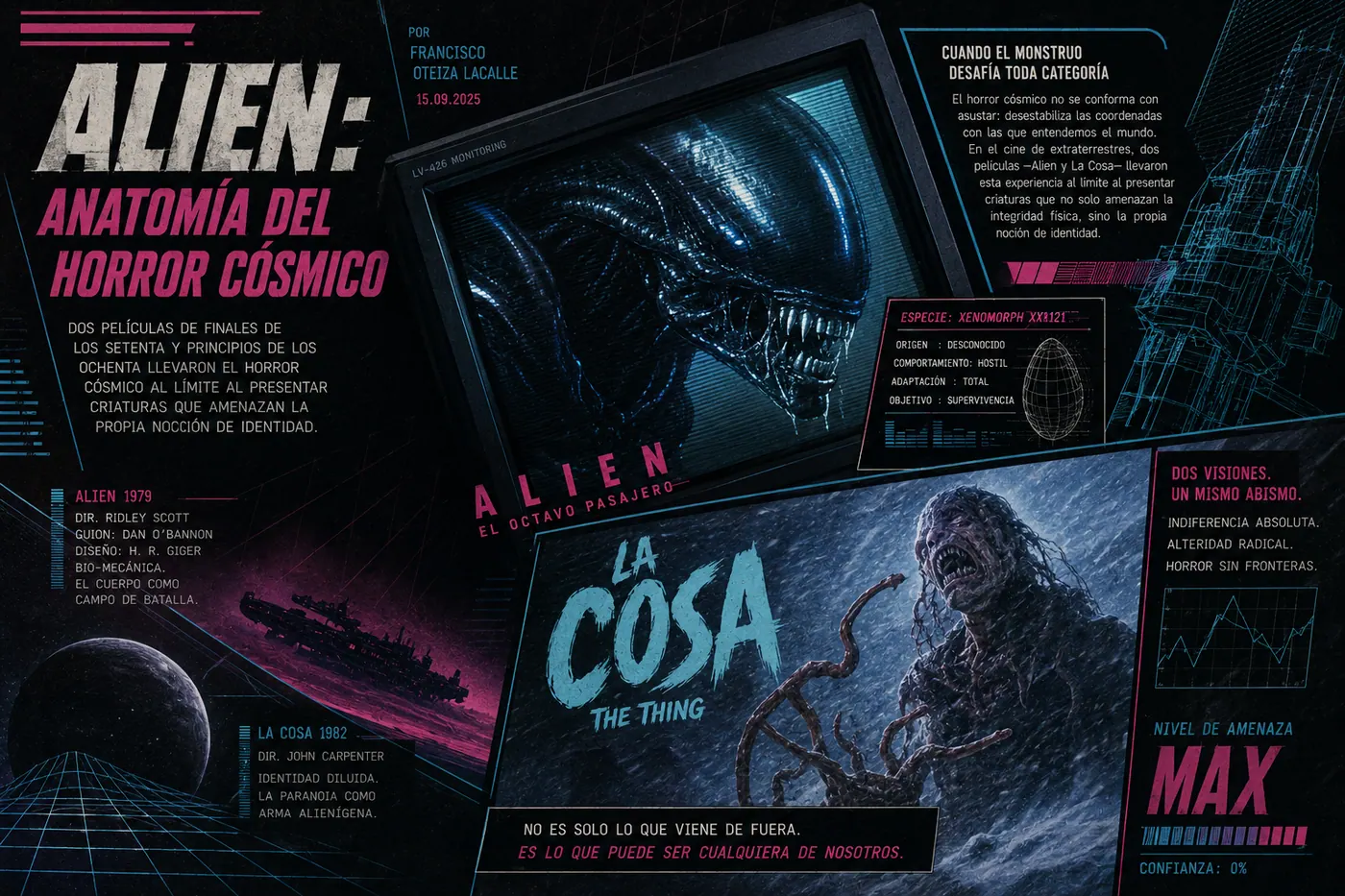 Composicion sobre Alien y La Cosa como dos visiones del horror cosmico, con xenomorfo, criatura polar y paneles de amenaza.
