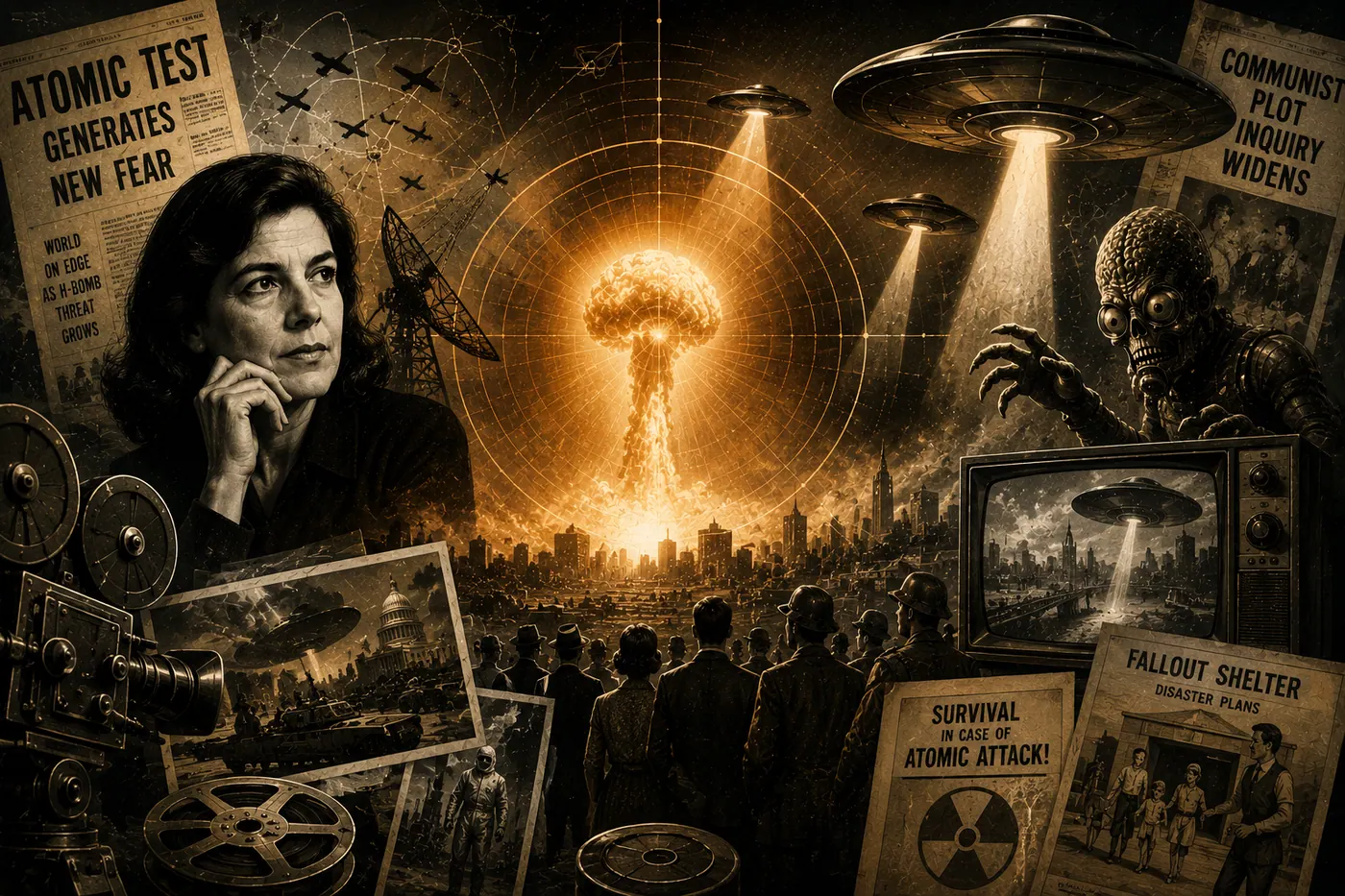 Collage de ciencia ficcion de los anos cincuenta con explosion atomica, platillos volantes, prensa sensacionalista y figura de Susan Sontag.