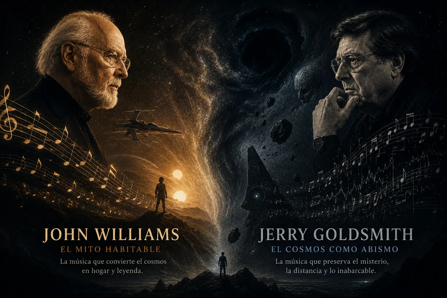 Composición editorial sobre John Williams, Jerry Goldsmith y la música sinfónica del cosmos cinematográfico.
