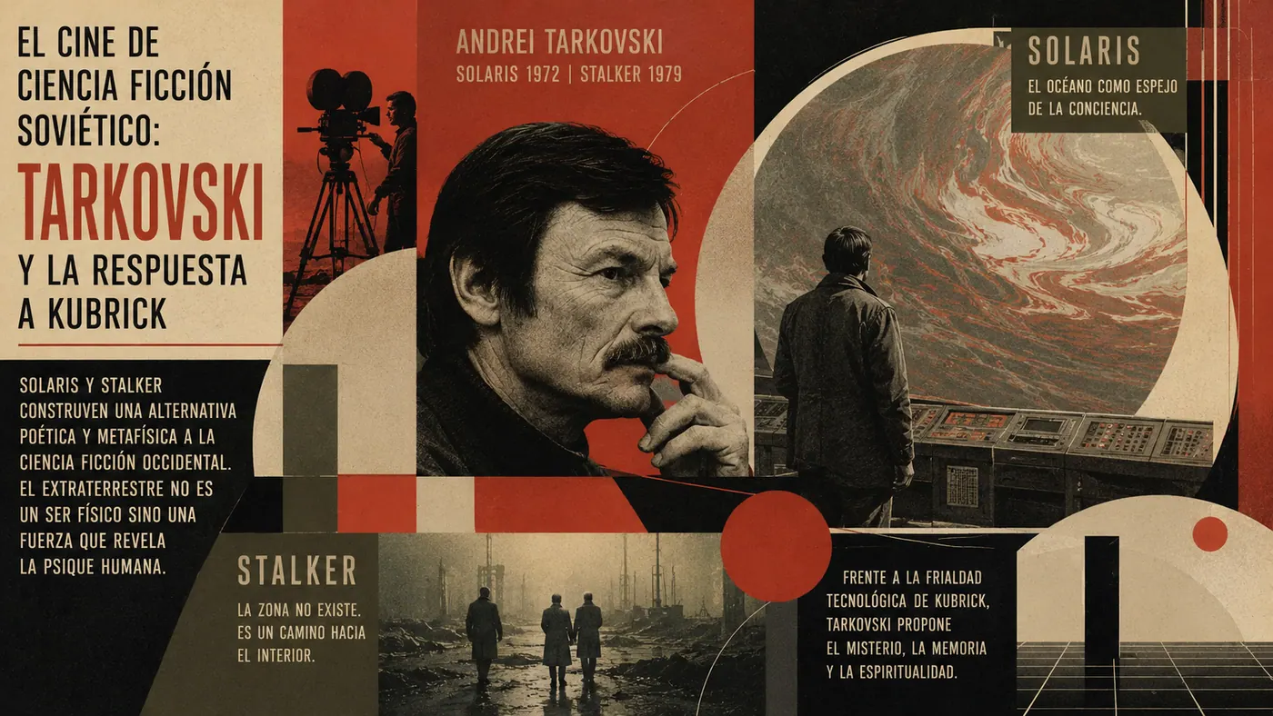 Composicion editorial sobre Tarkovski, Solaris y Stalker como respuesta poetica y metafisica a Kubrick.
