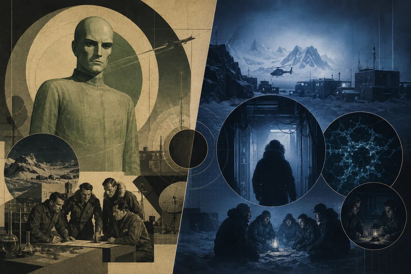 Composicion comparativa entre El enigma de otro mundo y La Cosa, con base polar, cientificos y figuras de amenaza alienigena.
