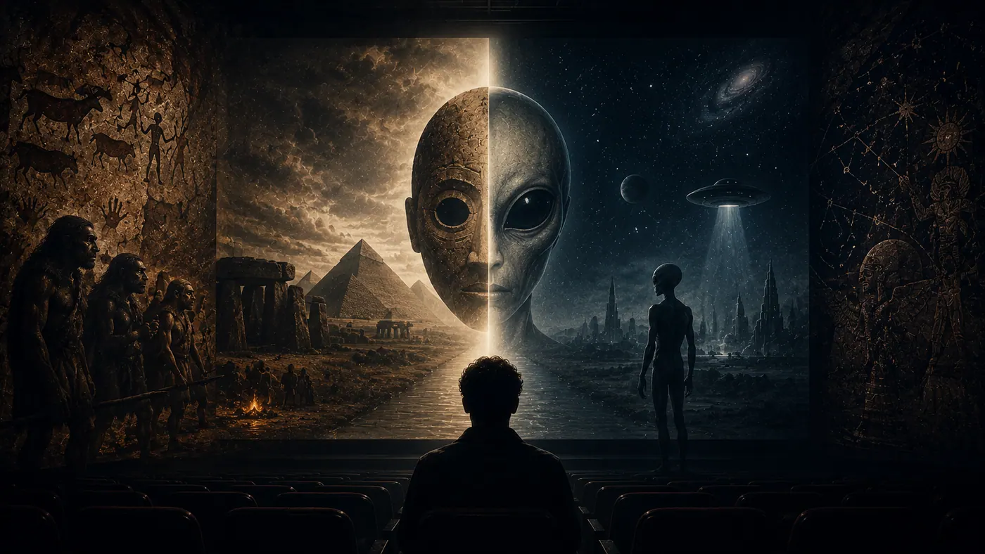 Mural cinematografico que conecta prehistoria, mitologias antiguas y futuros extraterrestres.