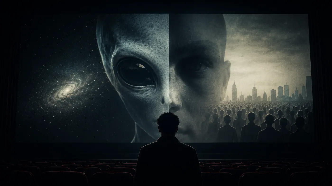 Pantalla de cine donde un rostro extraterrestre se funde con un rostro humano ante una audiencia.