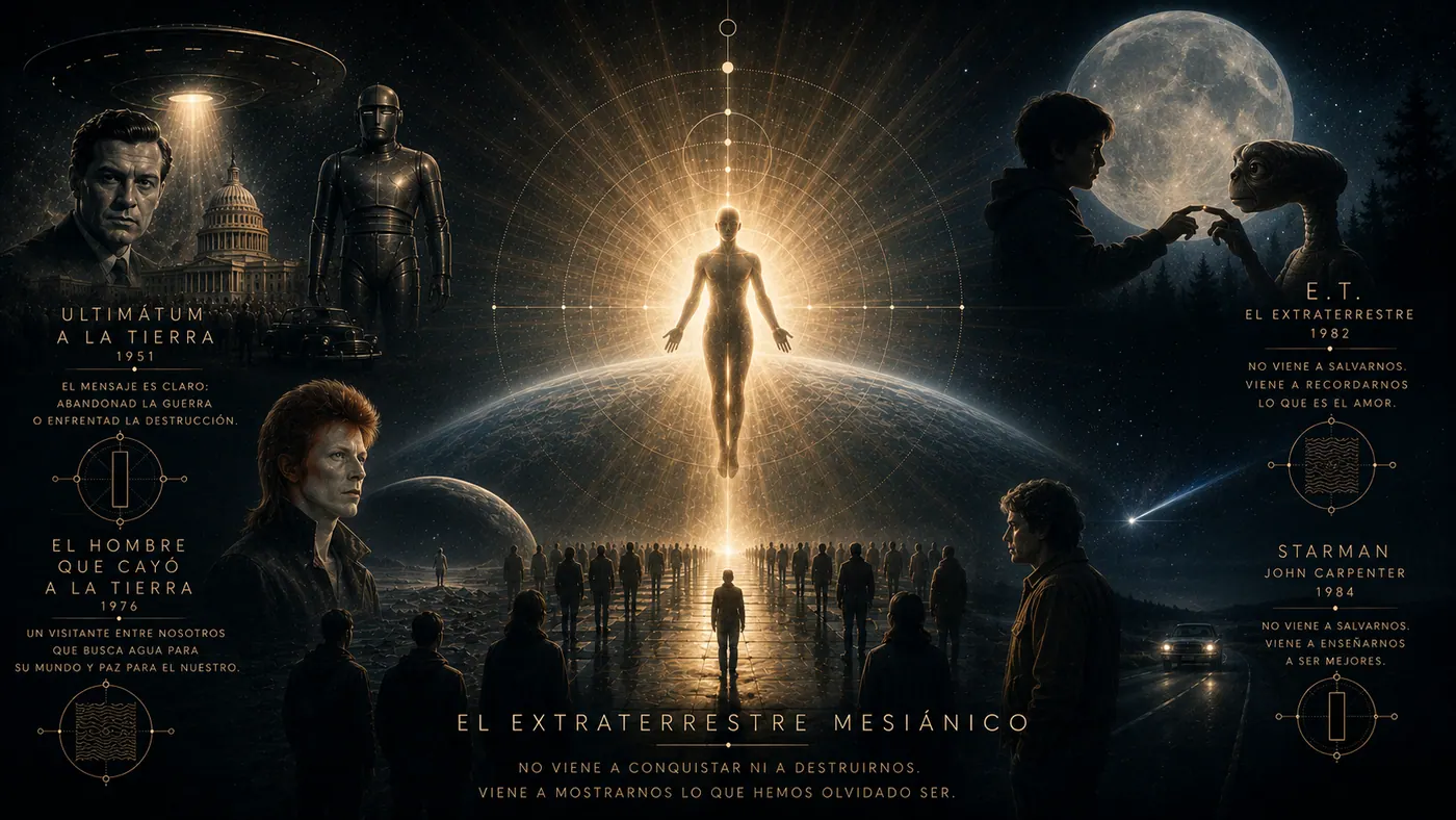 Figura luminosa sobre la Tierra rodeada de escenas de visitantes extraterrestres mesianicos.