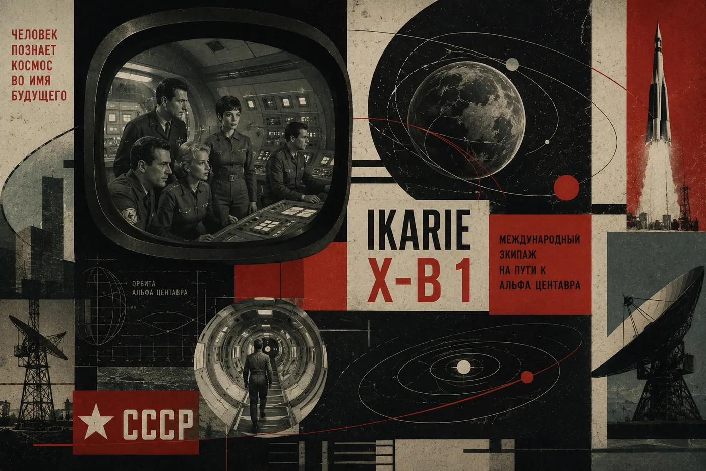 Composicion de inspiracion sovietica sobre Ikarie X-B 1 con nave, orbita lunar, antenas y tripulacion en una pantalla.