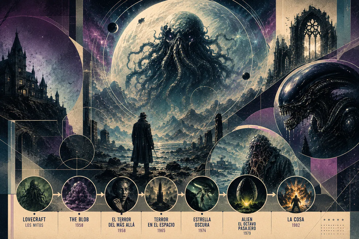 Cronologia visual del horror cosmico desde Lovecraft hasta La Cosa, con criatura tentacular, xenomorfo y escenas de amenaza incomprensible.