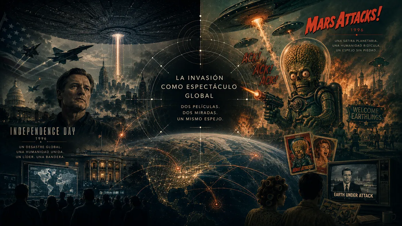 Composicion sobre la invasion extraterrestre como espectaculo global, con Independence Day, Mars Attacks y una Tierra convertida en escenario mediatico.