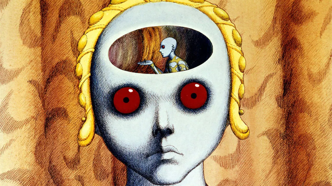 Imagen de El planeta salvaje con un rostro de ojos rojos y una pequena figura en la parte superior de la cabeza.