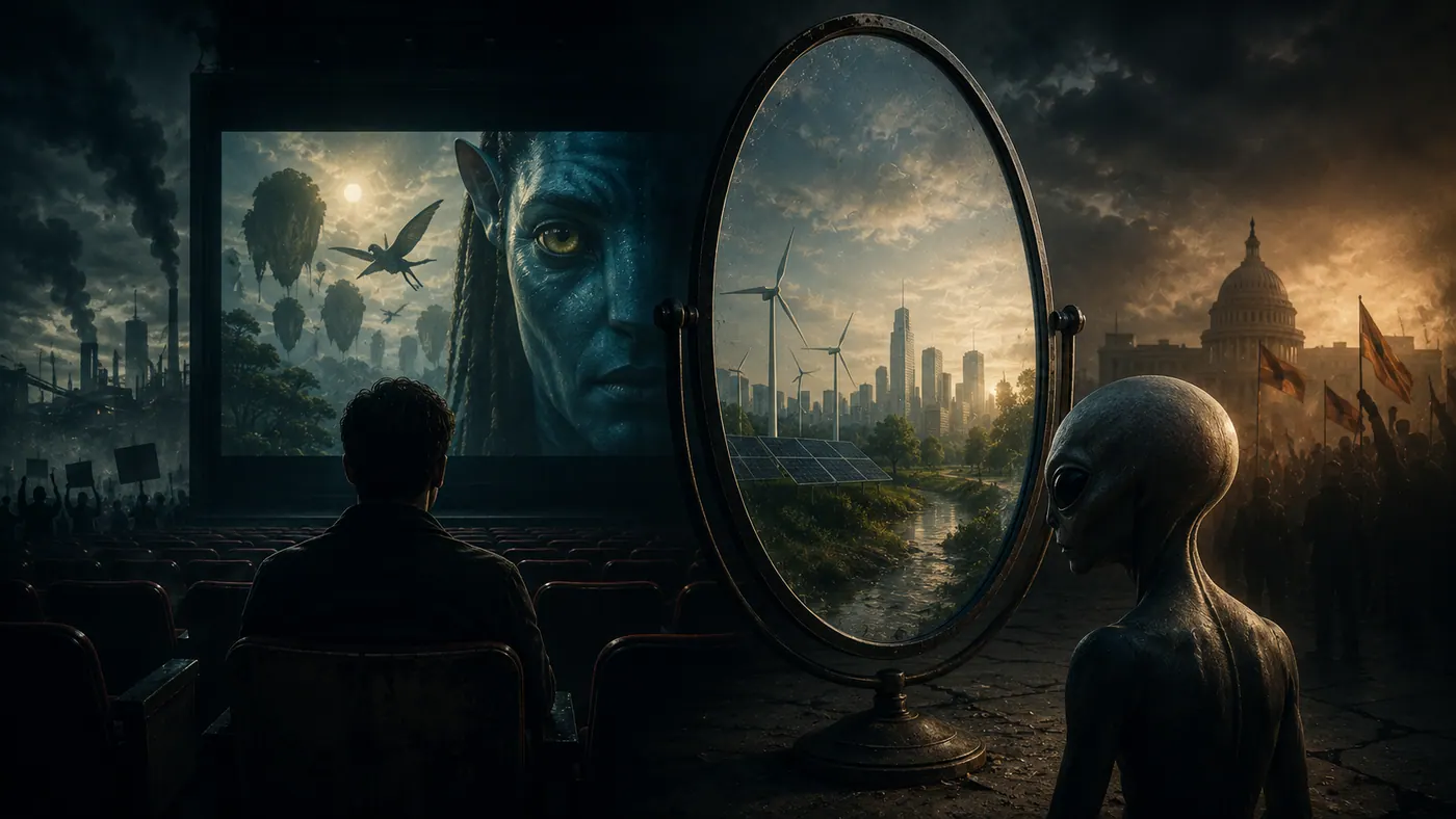 Espejo ante una sala de cine que refleja futuros posibles mientras un extraterrestre observa la escena.