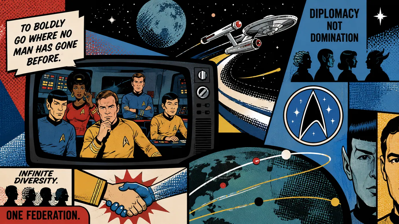 Collage pop de Star Trek con tripulacion en una pantalla, nave estelar, saludo diplomatico y figuras alienigenas.