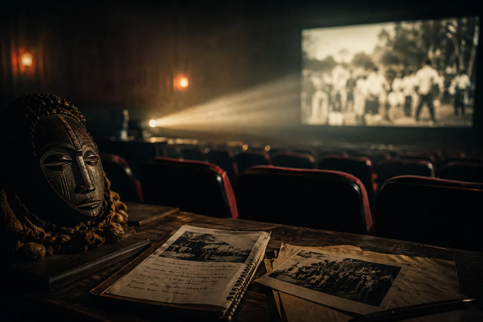 Movie theater with a ritual mask, archive photographs and a luminous projection in the background.